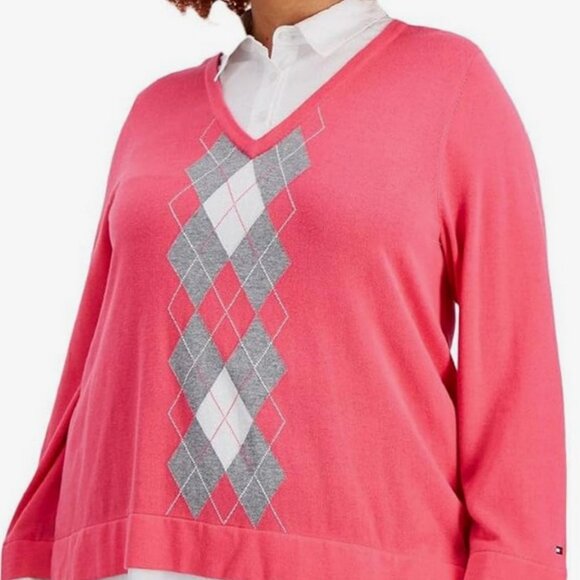 Tommy Hilfiger Plus Size Layered Look Argyle Sweater - Picture 1 of 13